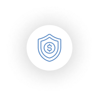 A circular icon features a blue shield with a dollar sign in the center, representing financial security or insurance for patients. The icon is centered on a white background with a black, fuzzy border.