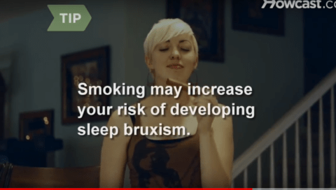 A woman with short blonde hair sits with her eyes closed. On-screen text reads: "Smoking may increase your risk of developing sleep bruxism." A "TIP" icon is in the top left corner.