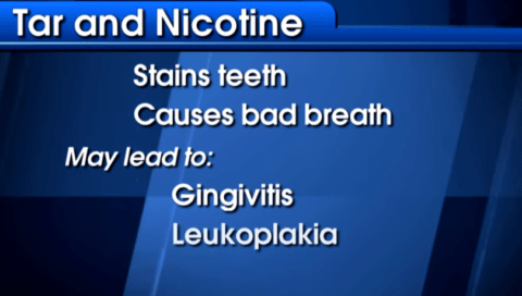 A list on a blue background states that tar and nicotine stain teeth, cause bad breath, and may lead to gingivitis and leukoplakia.