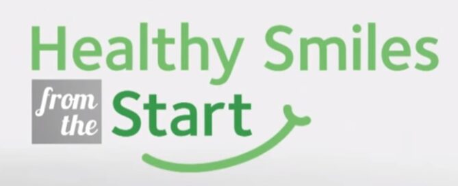 Text reads "Healthy Smiles from the Start" in green and gray, with a curved line below "Start" resembling a smile.