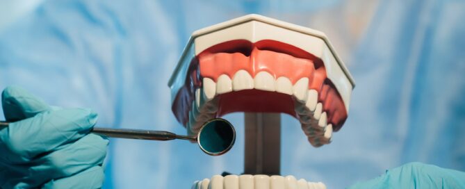 Gloved hands holding a dental model and mirror tool, demonstrating dental examination.